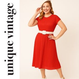 Unique Vintage Red 1940s Pleated Midi Dress, Large, NWT!